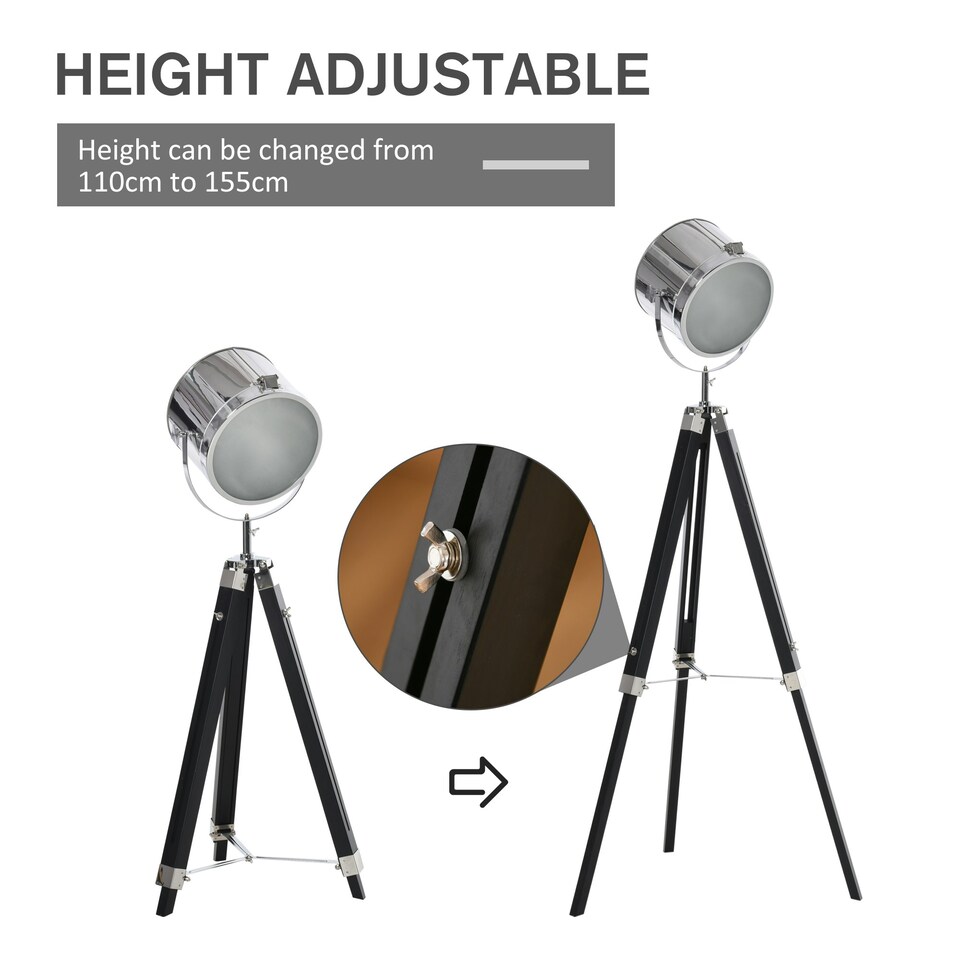 image 1 of HOMCOM Industrial Style Adjustable Tripod Floor Lamp, Searchlight Reading Lamp