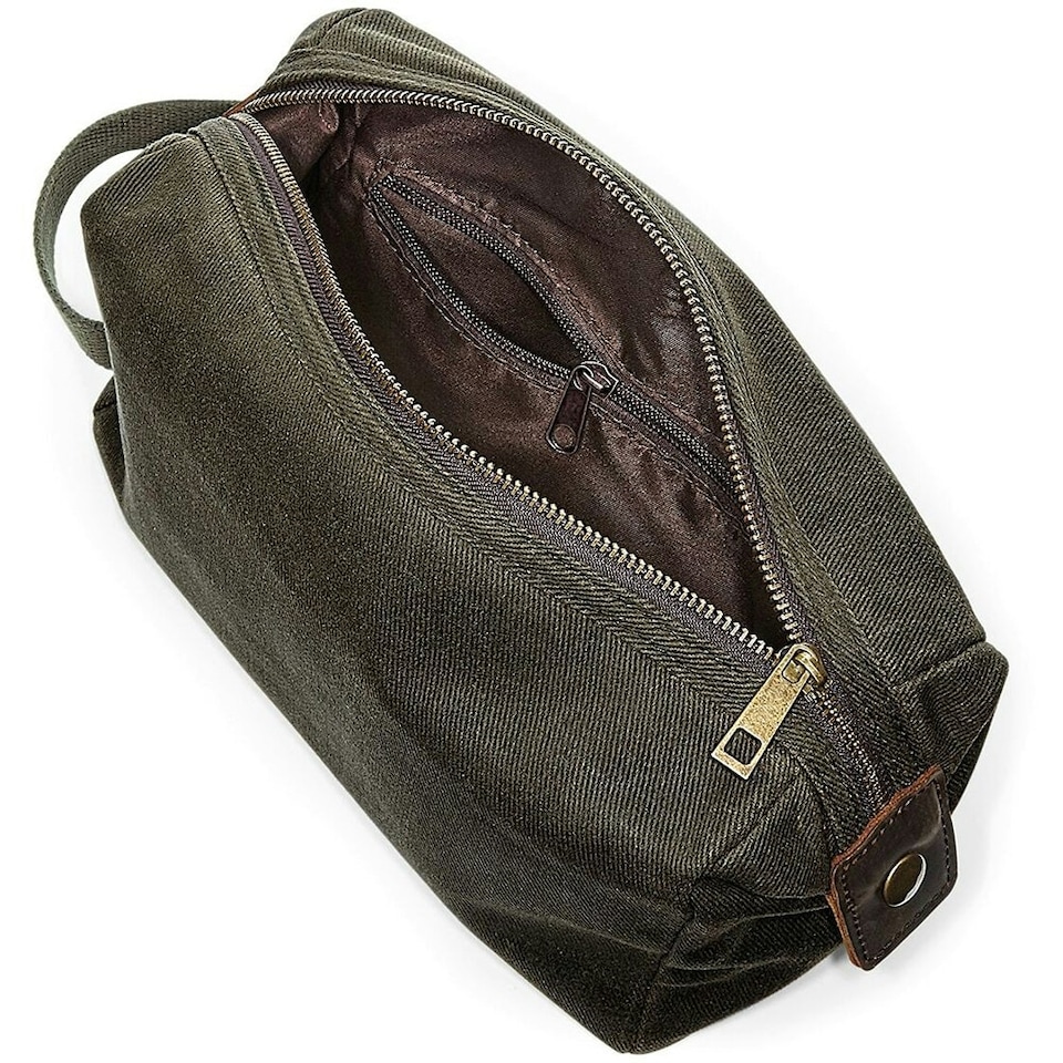 image 1 of Quadra Heritage Leather Accented Waxed Canvas Wash Bag - Olive Green - One Size | Green