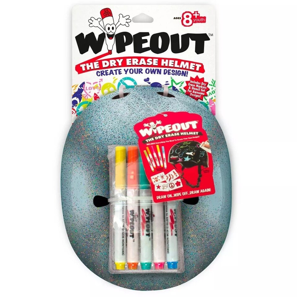 image 1 of Wipeout Dry Erase Kids Cycling Helmet - Silver Glitter 8+