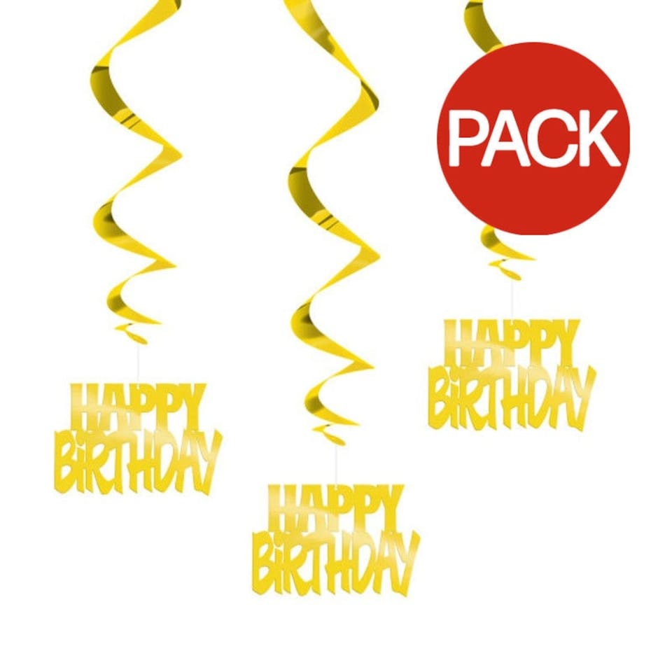 Unique Party Swirl Happy Birthday Hanging Decoration (Pack of 3) - Gold - One Size
