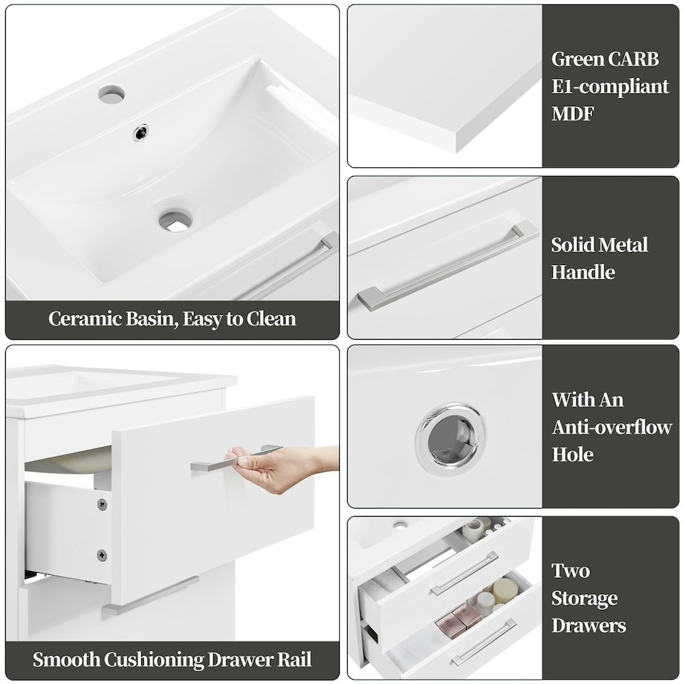 image 1 of Yaheetech Floating Storage Vanity with Ceramic Basin White