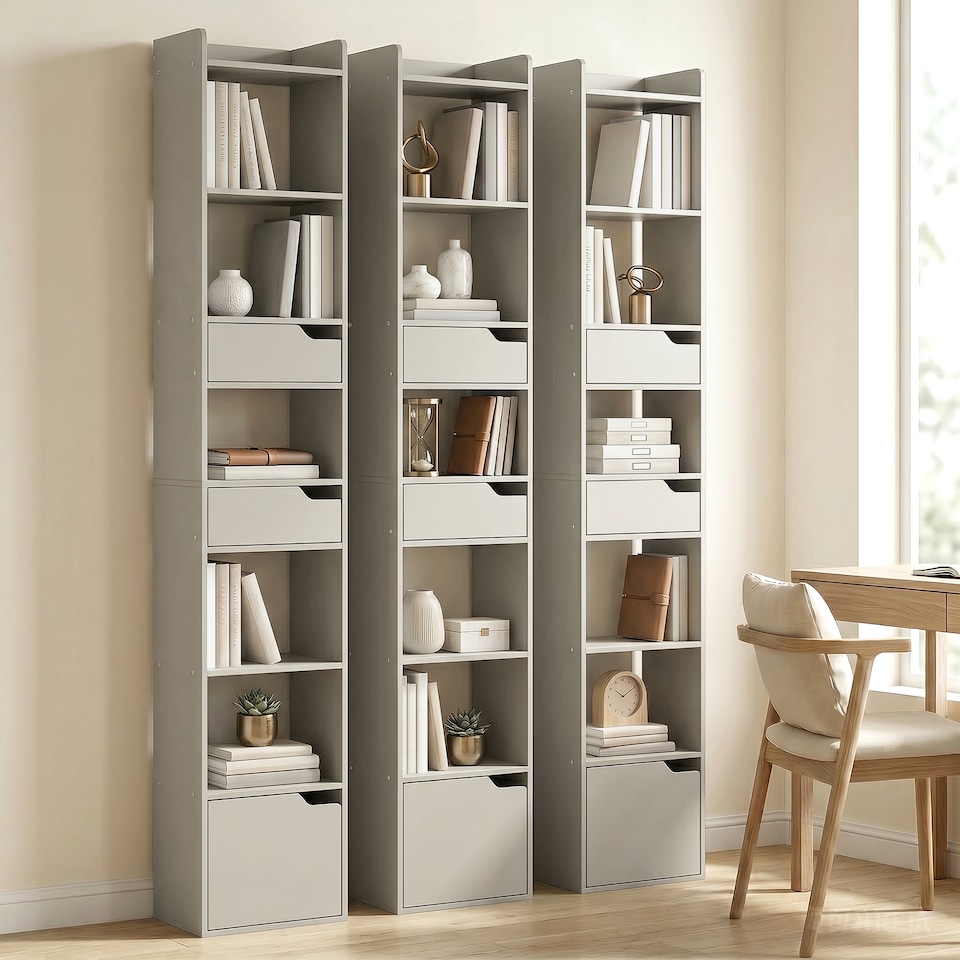 image 1 of HOMCOM Bookcase Tall Narrow with 5 Tiers Drawers