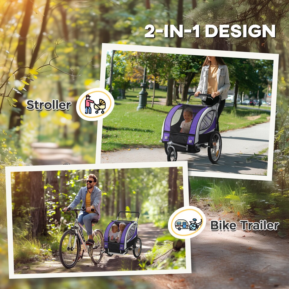 image 1 of HOMCOM 2 Seat Child Bike Trailer, Baby Bicycle Trailer for 2 Kids, Purple | Purple | Purple & Black & White | 155L x 84W x 108H cm
