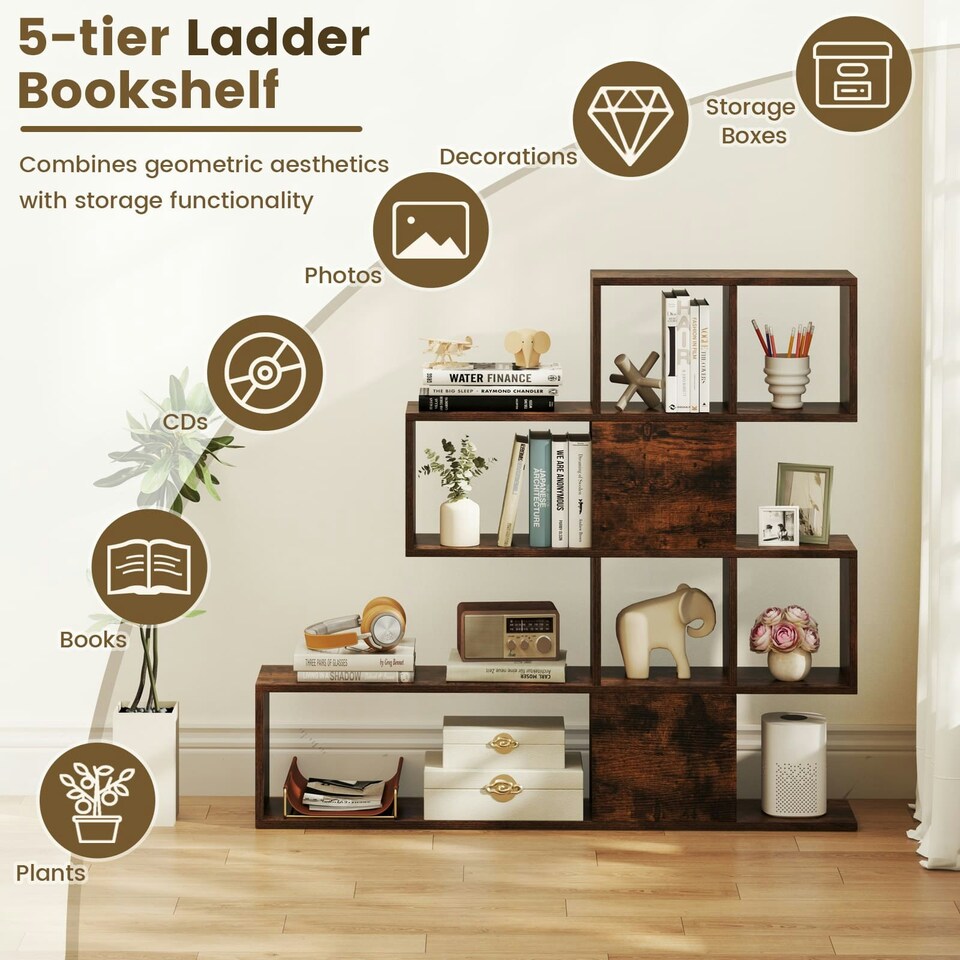image 1 of COSTWAY 4-Tier Bookshelf Modern Ladder Bookcase Brown Brown