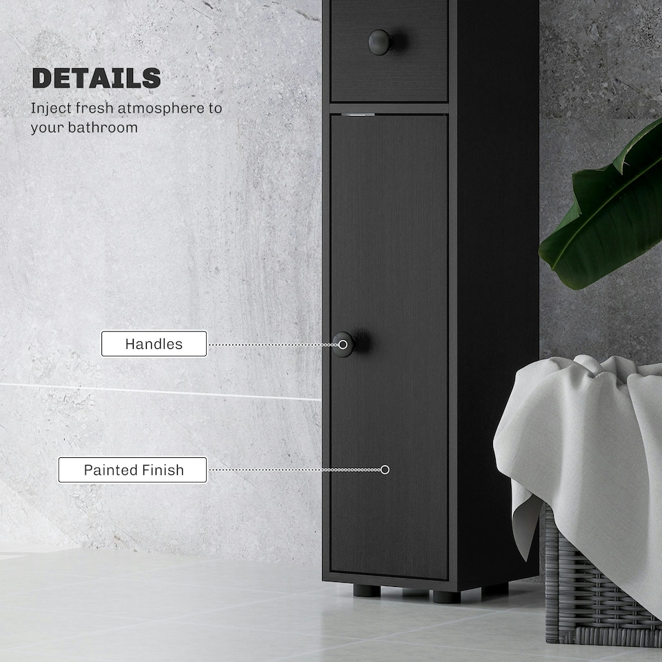 image 1 of kleankin Slim Bathroom Cabinet, Toilet Roll Storage w/ Open Shelves, Black | Black | 20W x 20D x 180H cm