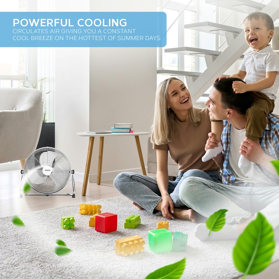 image 1 of Air Pro 16" Floor Fan 3 Speed Setting & Adjustable Tilt Indoor Electric Fan with Metal Blade & Body 1.6m Long Cable - Silver