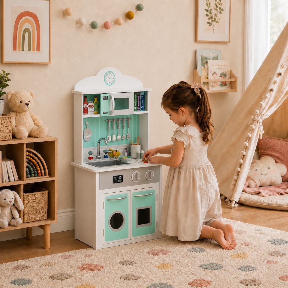 image 1 of Teamson Kids Wooden Play Kitchen with Sink, Oven and Storage, Madrid Red