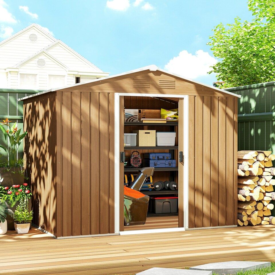 image 1 of Outsunny 8 x 6ft Garden Storage Shed with Double Door Brown Wood Effect 