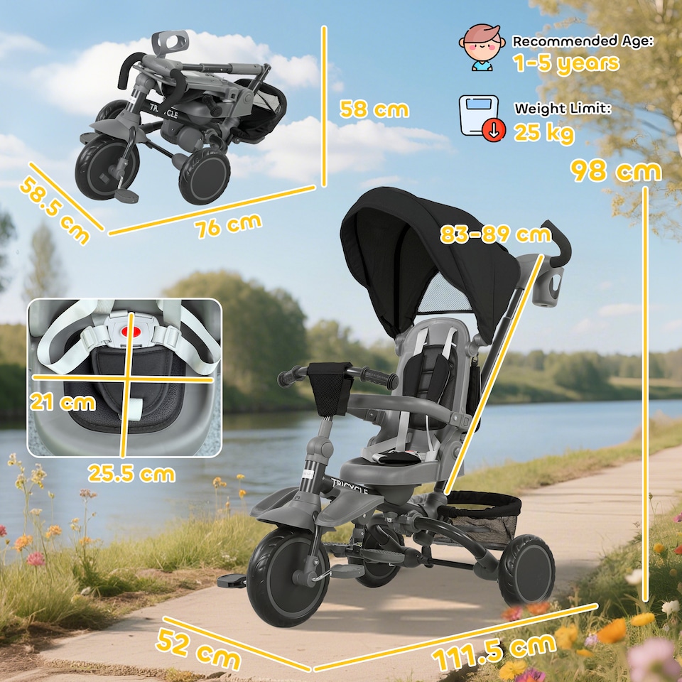 image 1 of AIYAPLAY 6 in 1 Kids Trike, Toddler Tricycle with Parent Handle, Black