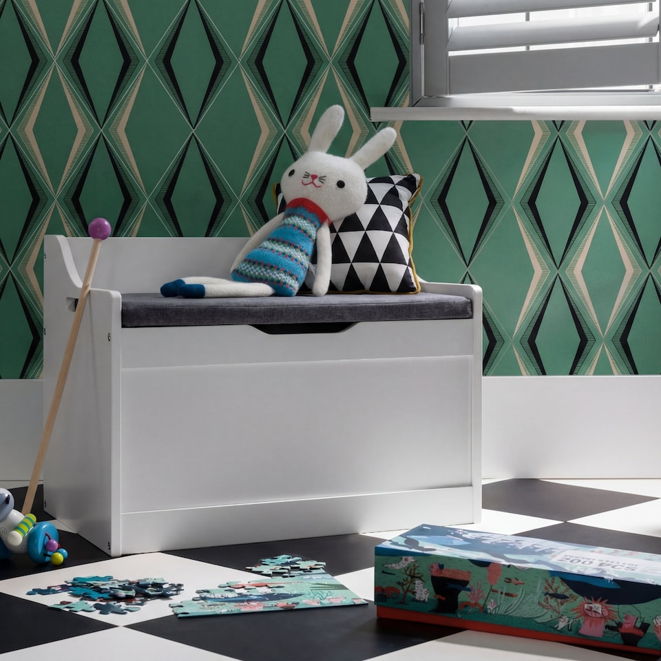 image 1 of Lola Kids Toy Storage Box with Padded Seat Cushion - Wooden Chest with Soft-Close Safety Lid