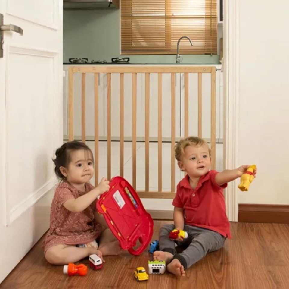 image 1 of Safetots Simply Secure Wooden Gate, 72cm - 79cm, Natural, Wooden Stair Gate, Screw Fit Baby Gate, Safety Barrier