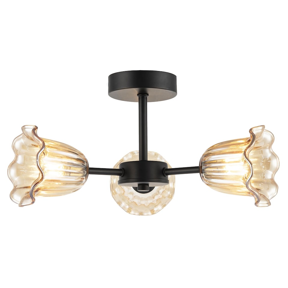 image 1 of Designer Matte Black Ceiling Light with Amber Floral Glass Shades
