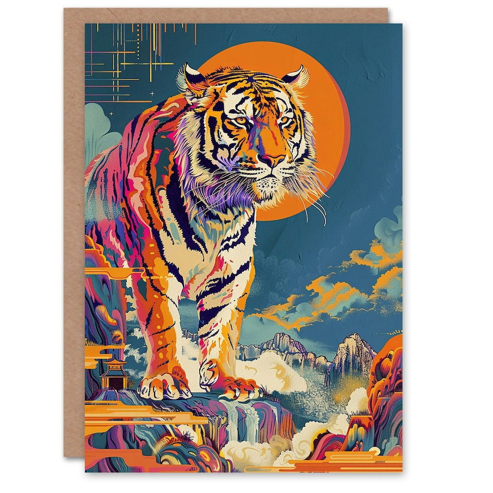 image 1 of Colourful Japanese Temple Waterfall Man Tiger Him Birthday Card