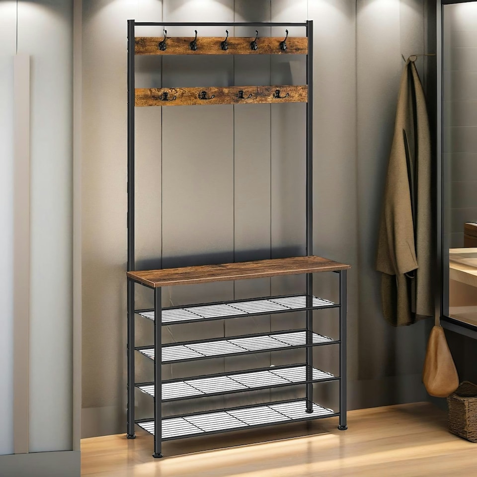 image 1 of Coat Rack Stand With 5 Tier Shoe Bench One Size