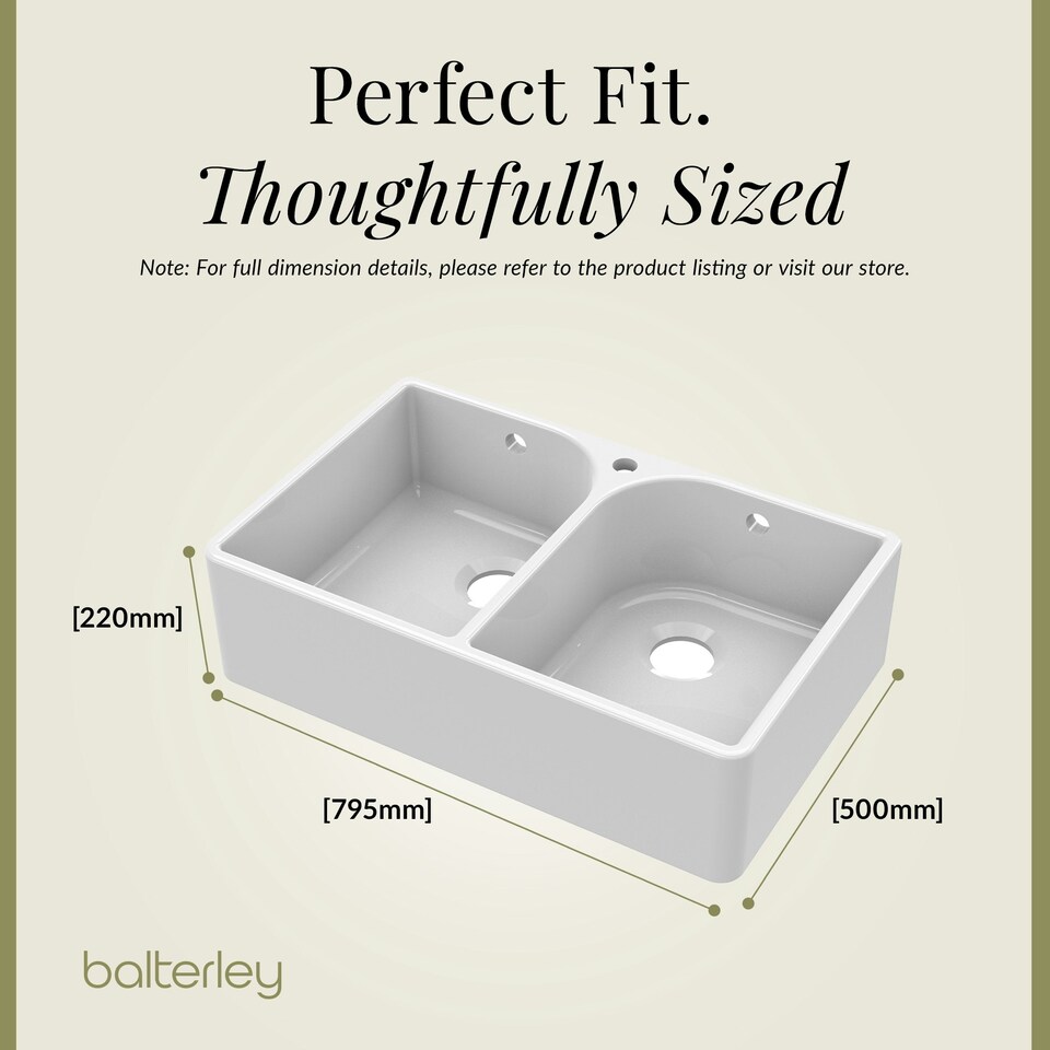 image 1 of Fireclay Double Bowl Butler Kitchen Sink - 795mm with Tap Hole, Weir & Waste - Ceramic Belfast Style Kitchen Sink