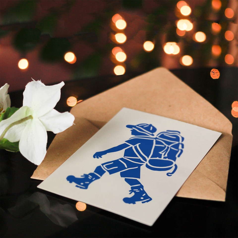 image 1 of Hiking Blue on White Camping Hike Backpacker Good Luck Card