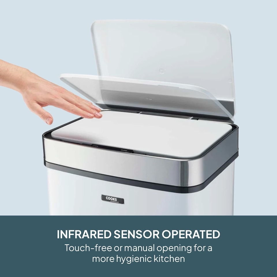 image 1 of Cooks Professional Recycling Sensor Bin 75L with Dual Compartments & Food Caddy | White | White & Silver