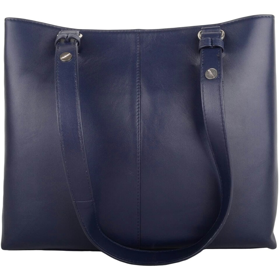 image 1 of Soft Genuine Leather Contrast Panels Shoulder Handbag Blue | Navy