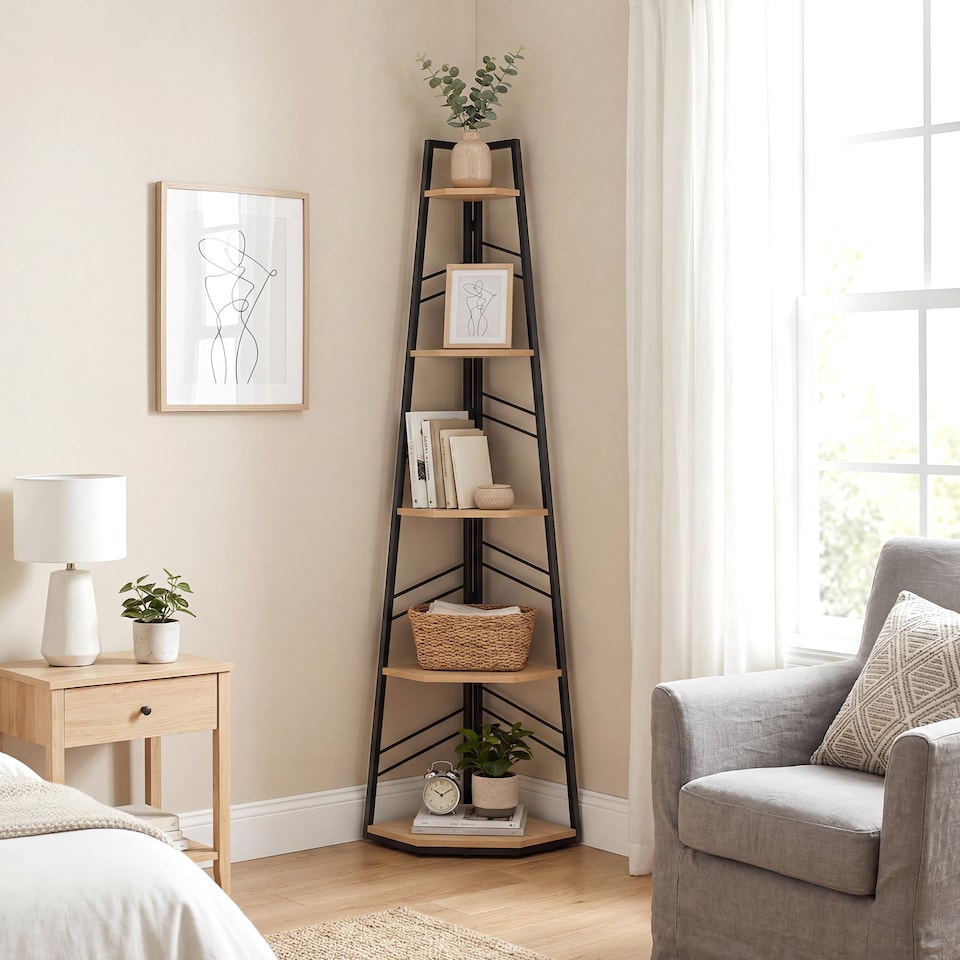 image 1 of HOMCOM 5-Tier Corner Bookcase, Floor Standing Shelving Unit | Brown | Natural wood finish | 36.5 x 36.5 x 159.5 cm