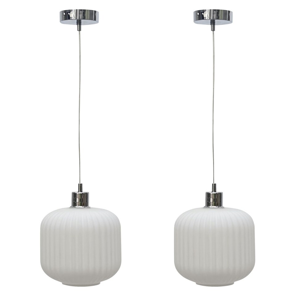 image 1 of Set of 2 Bento - White Ribbed Glass with Chrome Pendant Fittings | Chrome | White | 2