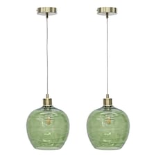 Set of 2 Leah - Green Ripple Glass Globe with Satin Brass Pendant Fittings