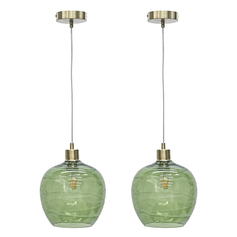 image 1 of Set of 2 Leah - Green Ripple Glass Globe with Satin Brass Pendant Fittings