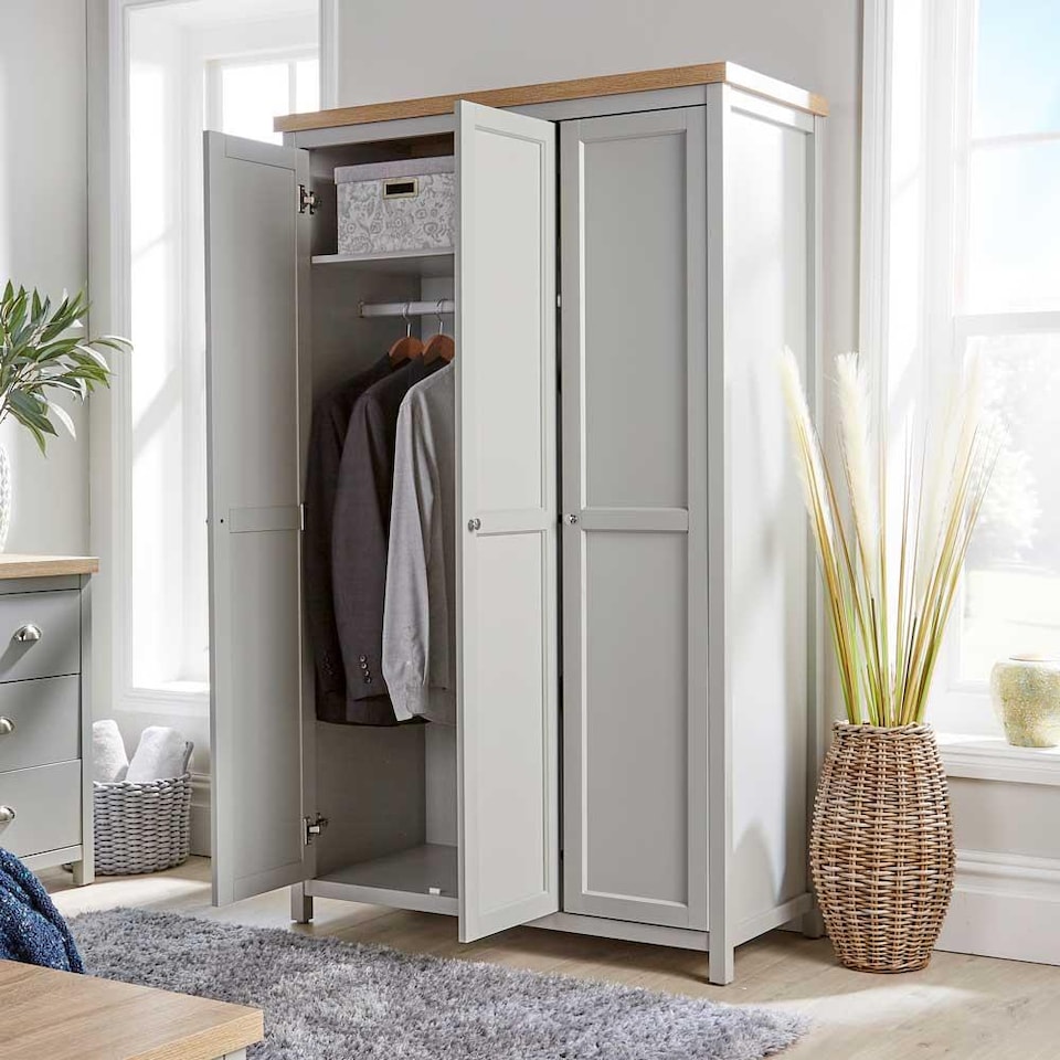 image 1 of Wardrobe 2 or 3 Door Two Tone Oak Top Wooden Hanging Rail Storage Shelves | Grey