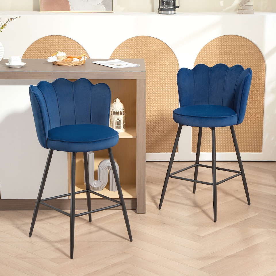 image 1 of HOMCOM Bar Stools Set of 2, Modern Velvet-Feel Barstools with Petal Backrest and Footrest, Upholstered Breakfast Bar Chairs with Metal Legs for Kitchen Island Counter, Dining Room, Dark Blue | Blue | Dark Blue | 2