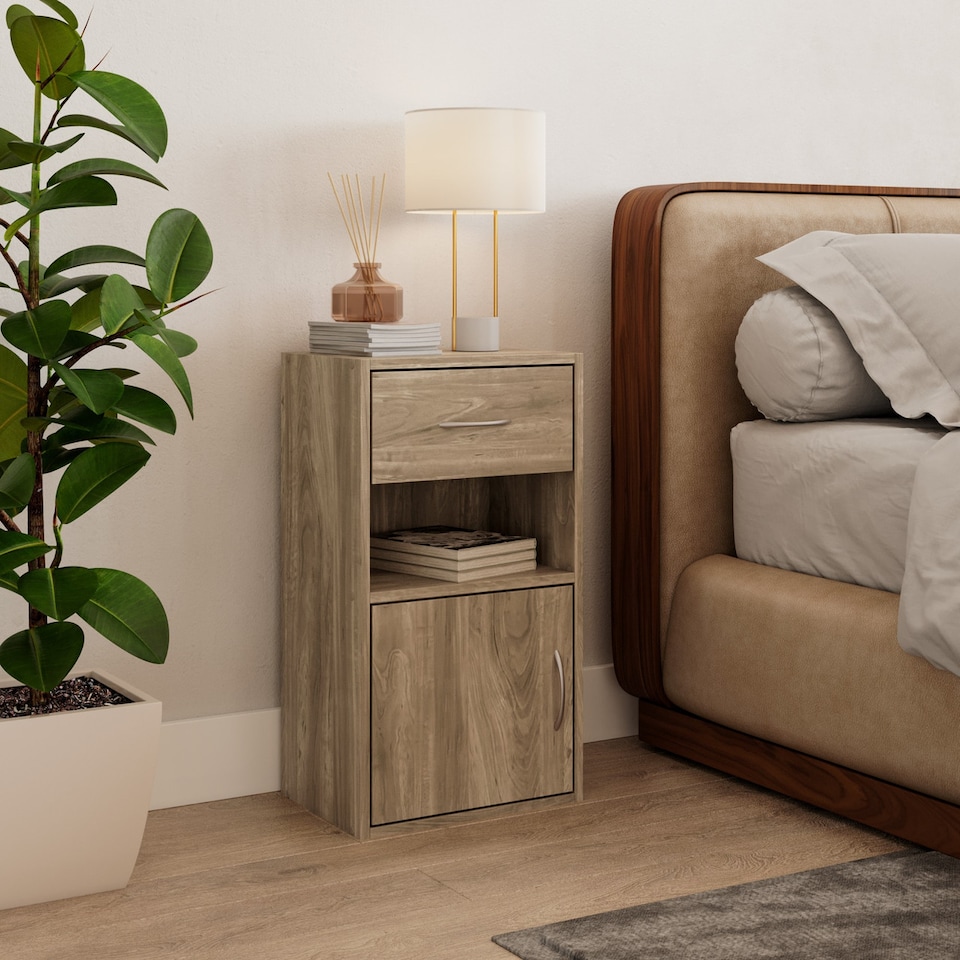 image 1 of 1-Drawer 1-Door Wooden Bedside Table | Brown | Unit Colour: Oak | 1