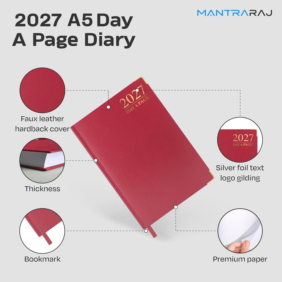 image 1 of MantraRaj 2027 Diary A5 Page A Day Padded Case Bound Desk Diary Office Organiser Planner Red