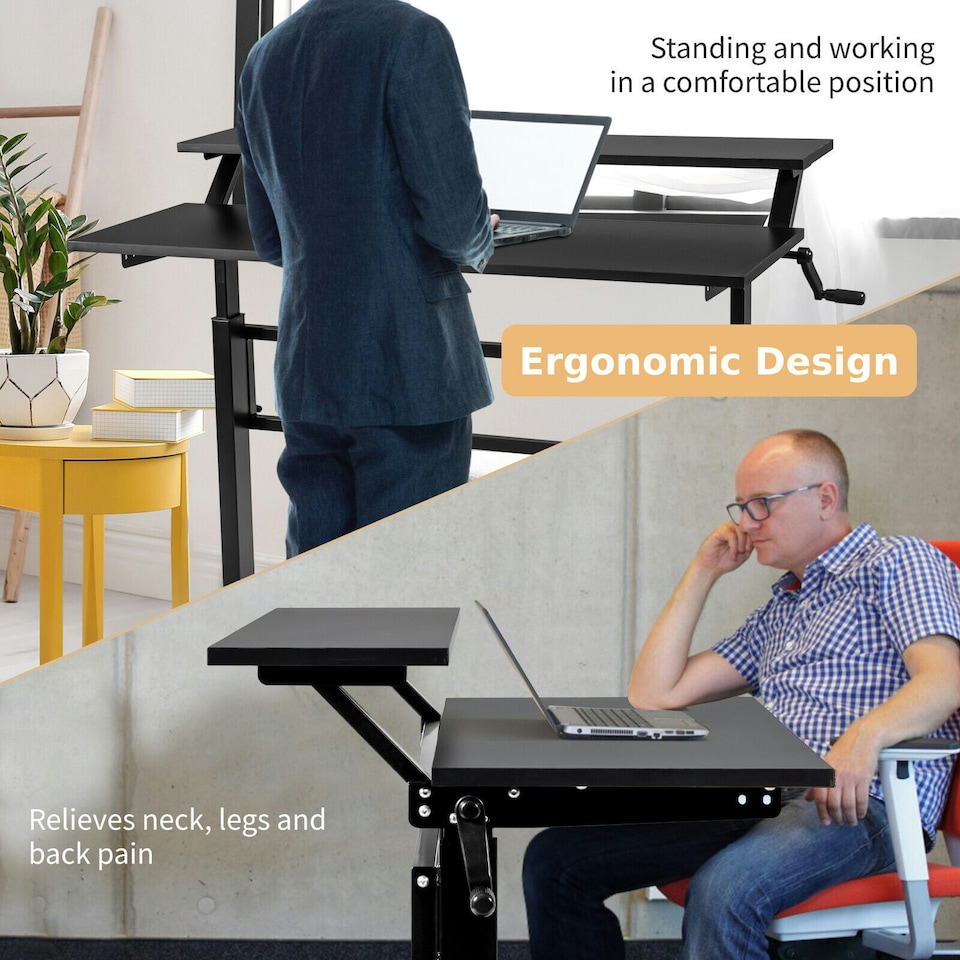 image 1 of COSTWAY 2-Tier Standing Computer Desk Sit to Stand Black Black