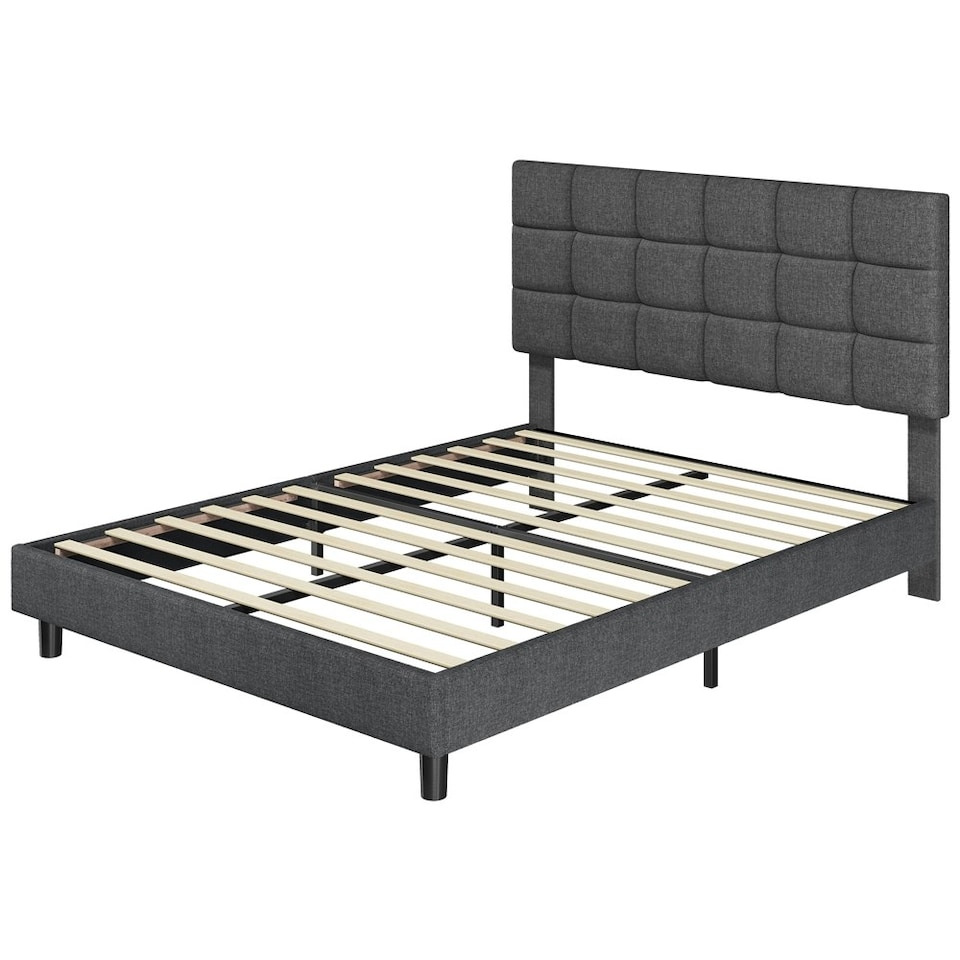 image 1 of Yaheetech 135 cm W x 190 cm L Upholstered Bed Frame Dark Grey
