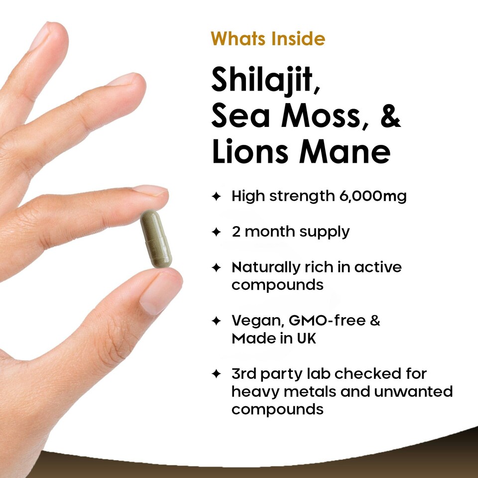 image 1 of Shilajit, Sea Moss & Lion's Mane Capsules - Mood & Anxiety Support - Vegan 120 Capsules