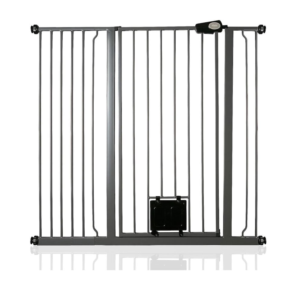 image 1 of Bettacare Pet Gate with Lockable Cat Flap, 113.8cm - 121.4cm, Slate Grey, 104cm in Height | Grey