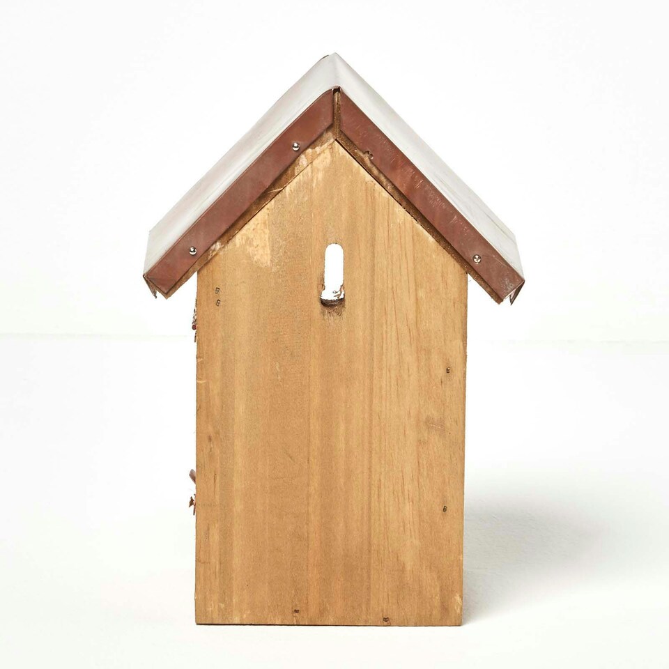 image 1 of Homescapes Real Wood Bird Box House with Copper Roof Brown