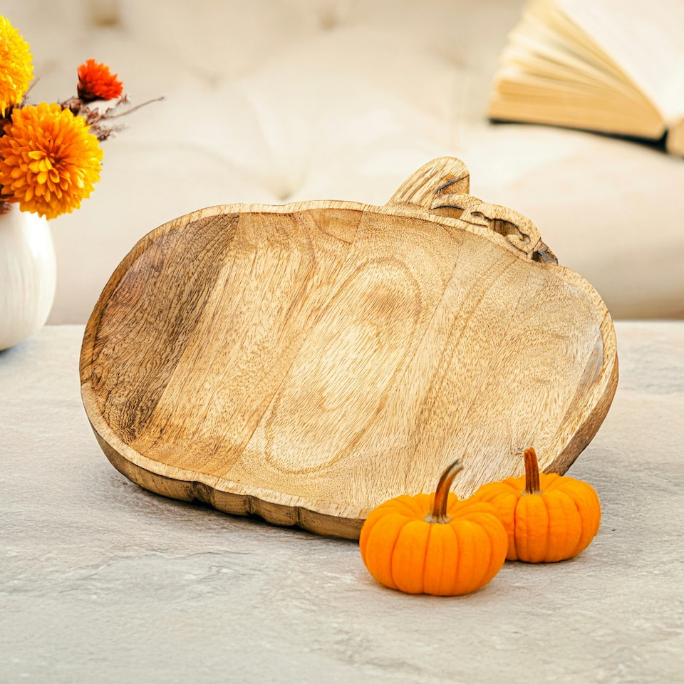 image 1 of Marco Paul Wooden Pumpkin Decorative Tray 30cm Autumn Centrepiece Brown