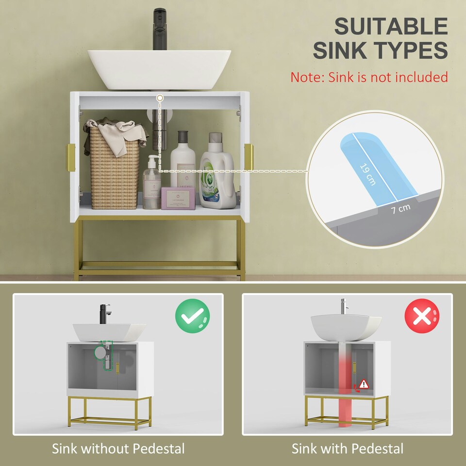 image 1 of kleankin Bathroom Sink Cabinet Under Sink Cabinet Wooden Basin Cupboard White White | White