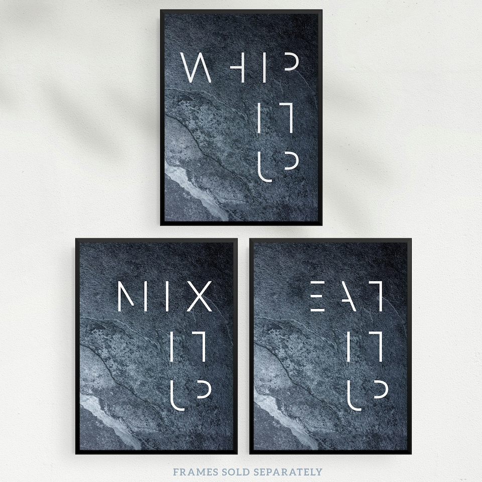 image 1 of Set of 3 Whip Mix Eat It Up Grey Slate Kitchen Quote Minimal Wall Art Print A4