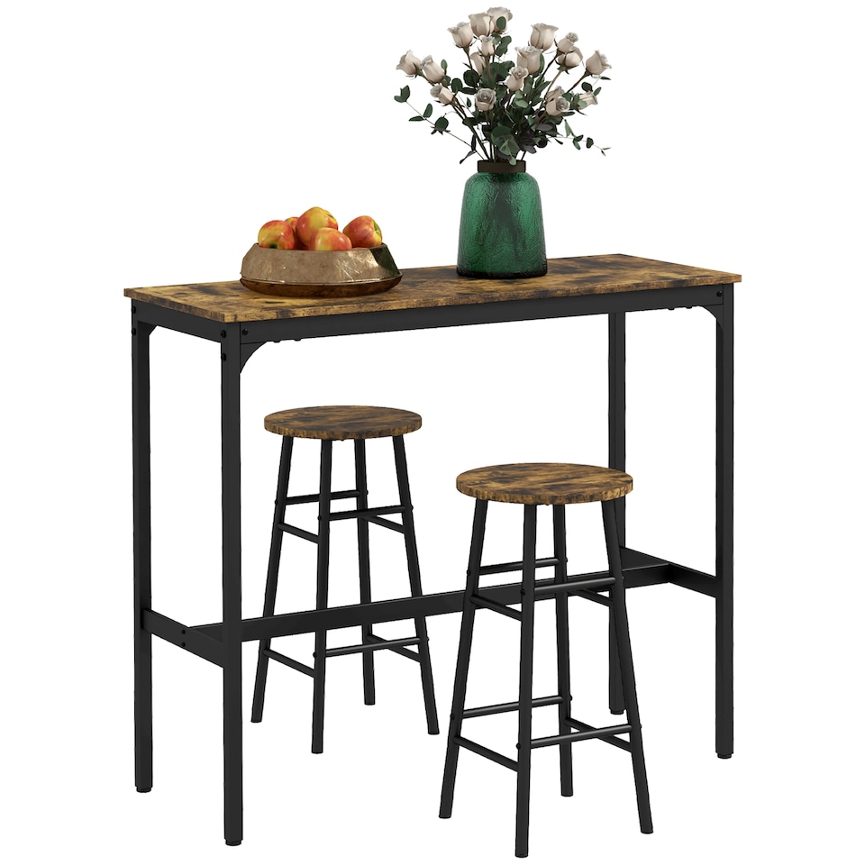 image 1 of HOMCOM 3 Piece Bar Set, Industrial Kitchen and Chair Set Rustic Brown | Brown