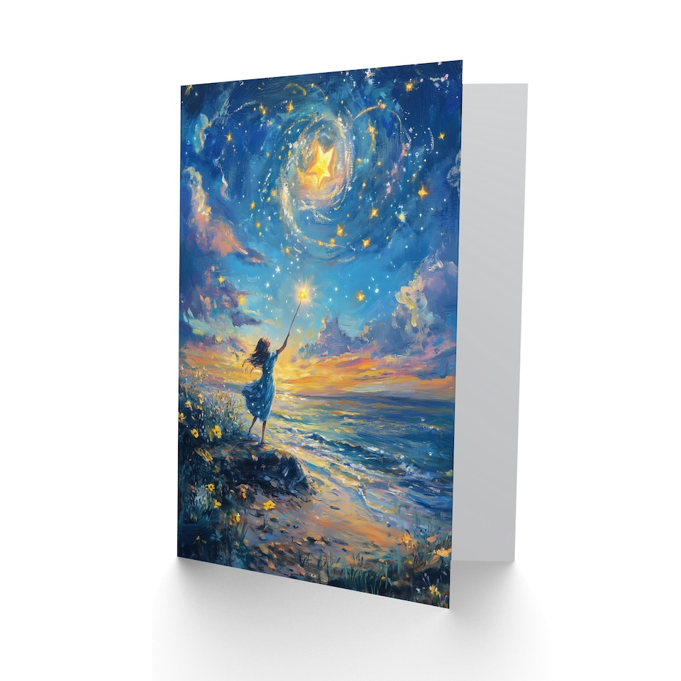 image 1 of Wish Upon A Star Magical Sky Beach Fantasy Art Birthday Greeting Card