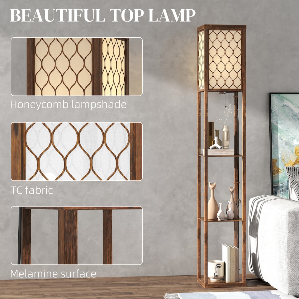 image 1 of HOMCOM Modern Floor Lamp Light with 3 Shelves Fabric Lampshade, Rustic Brown | Brown | Rustic Brown
