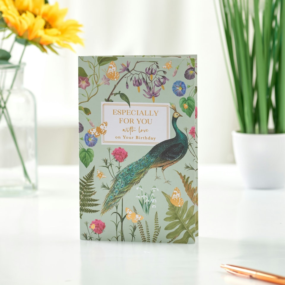 image 1 of Birthday card - Peacock and flowers