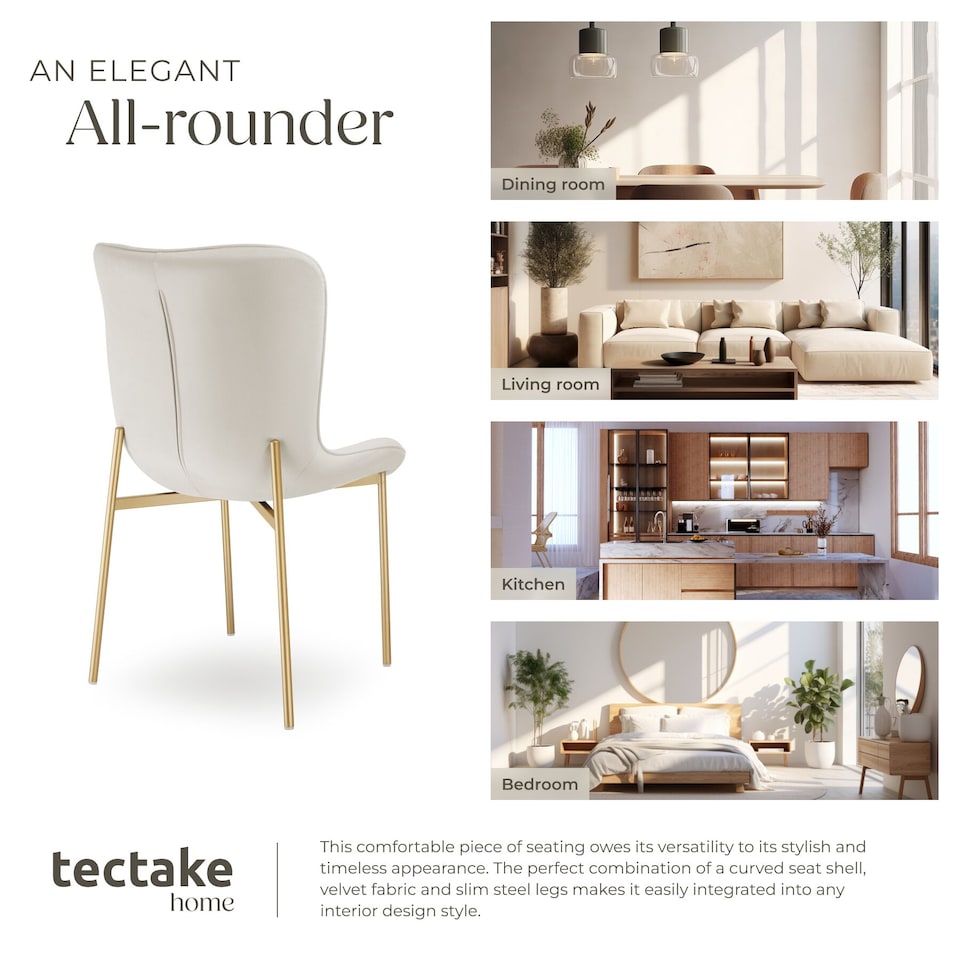 image 1 of Dining Chair Tessa - ergonomic high backrest, slim steel legs, soft fabric | Cream | Velvet look beige/gold | 1