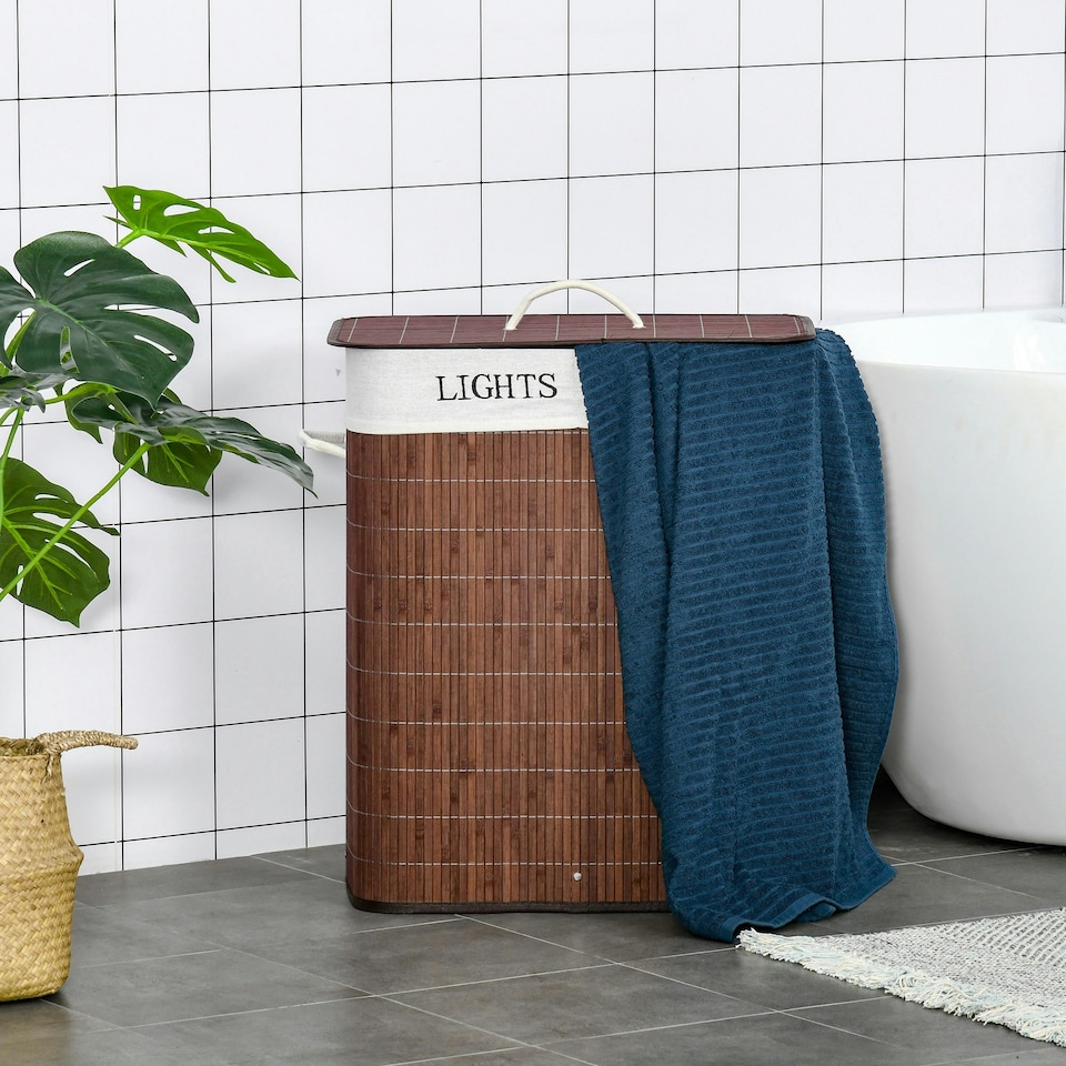 image 1 of HOMCOM 2 Section Collapsible Laundry Hamper Lid Removable Lining, Brown