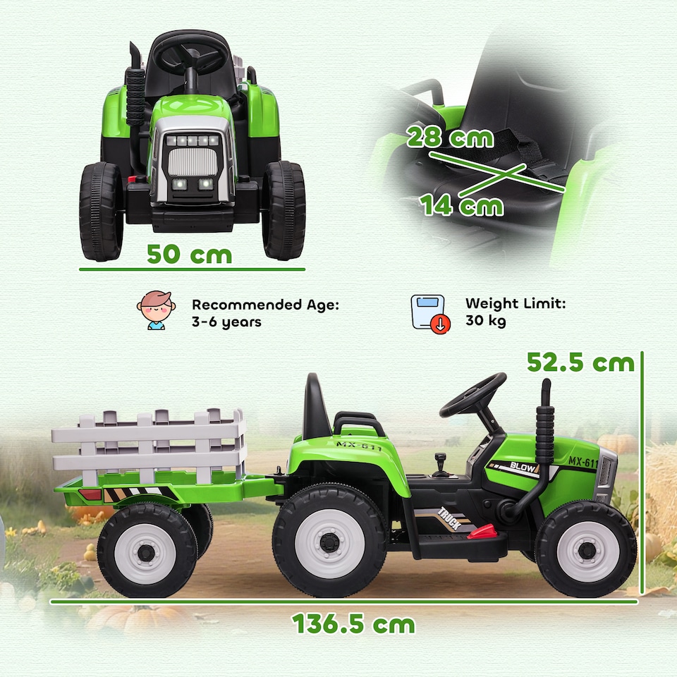 image 1 of HOMCOM Ride On Tractor with Detachable Trailer, Remote Control, Music - Green