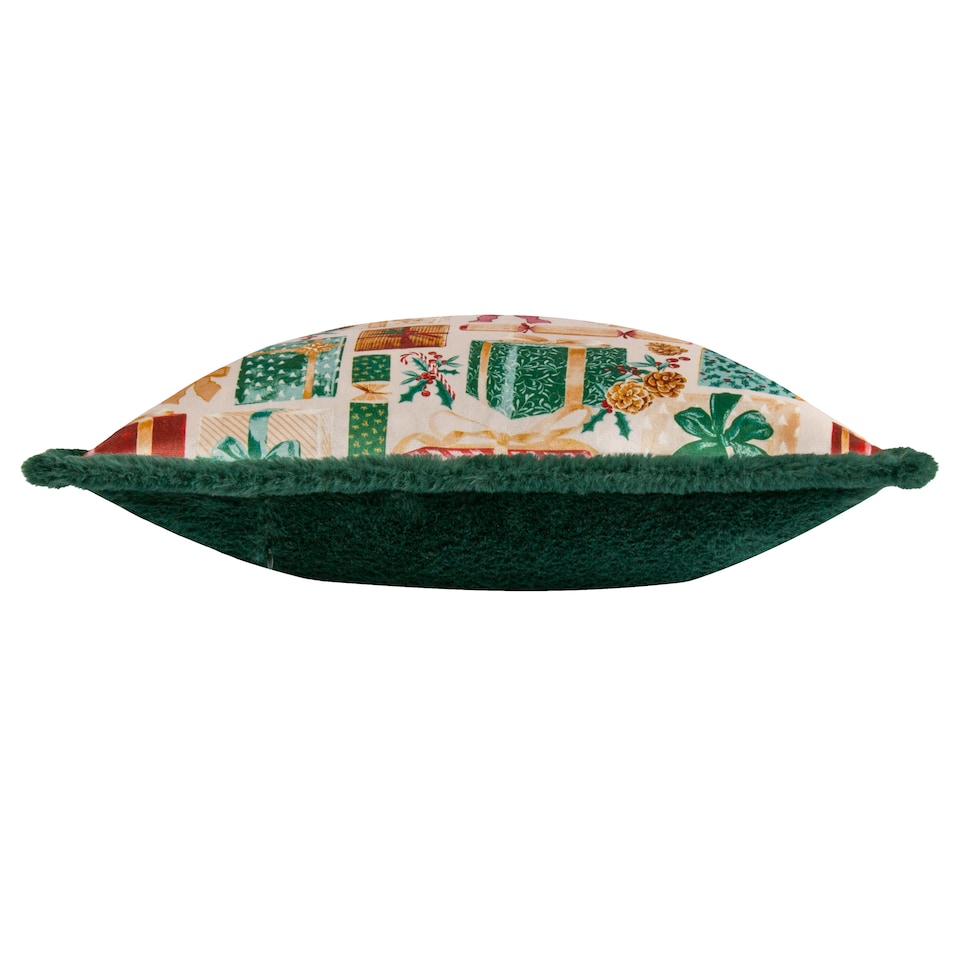 image 1 of Furn All Wrapped Up Velvet Faux Fur Cushion | Green | Emerald/Red