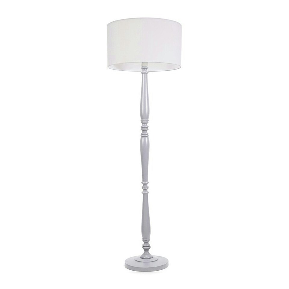 image 1 of ValueLights Victoria Grey Wood Traditional Stem Floor Lamp with White Fabric Drum Shade