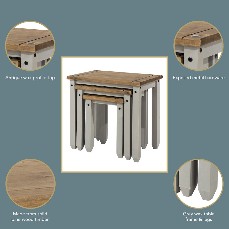 image 1 of Corona Set of 3 Solid Pine Nesting Tables - Sturdy Rustic Side Tables with Chunky Tops | Grey | Grey Wax | Small, Medium & Large | 3