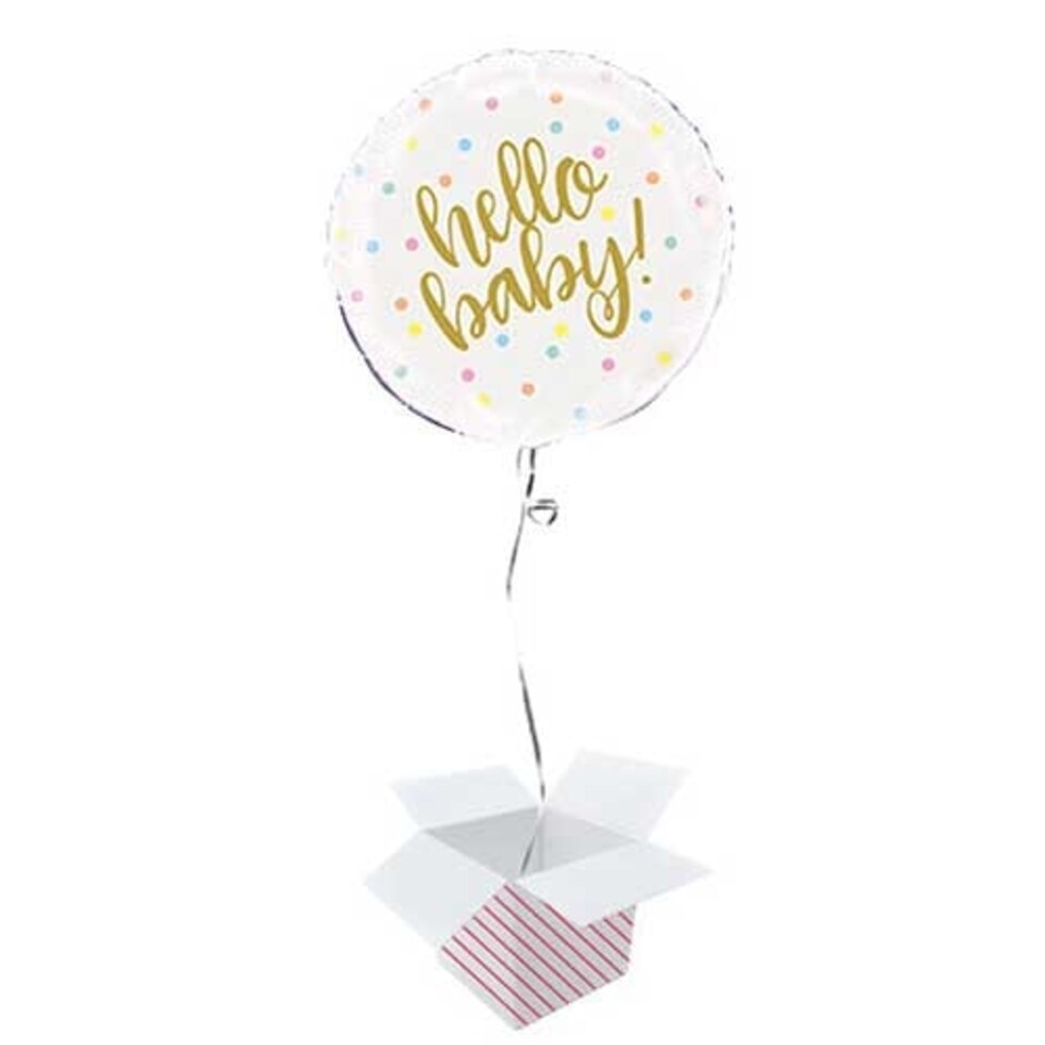 Hello Baby Round Foil Helium Balloon - Inflated Balloon in a Box