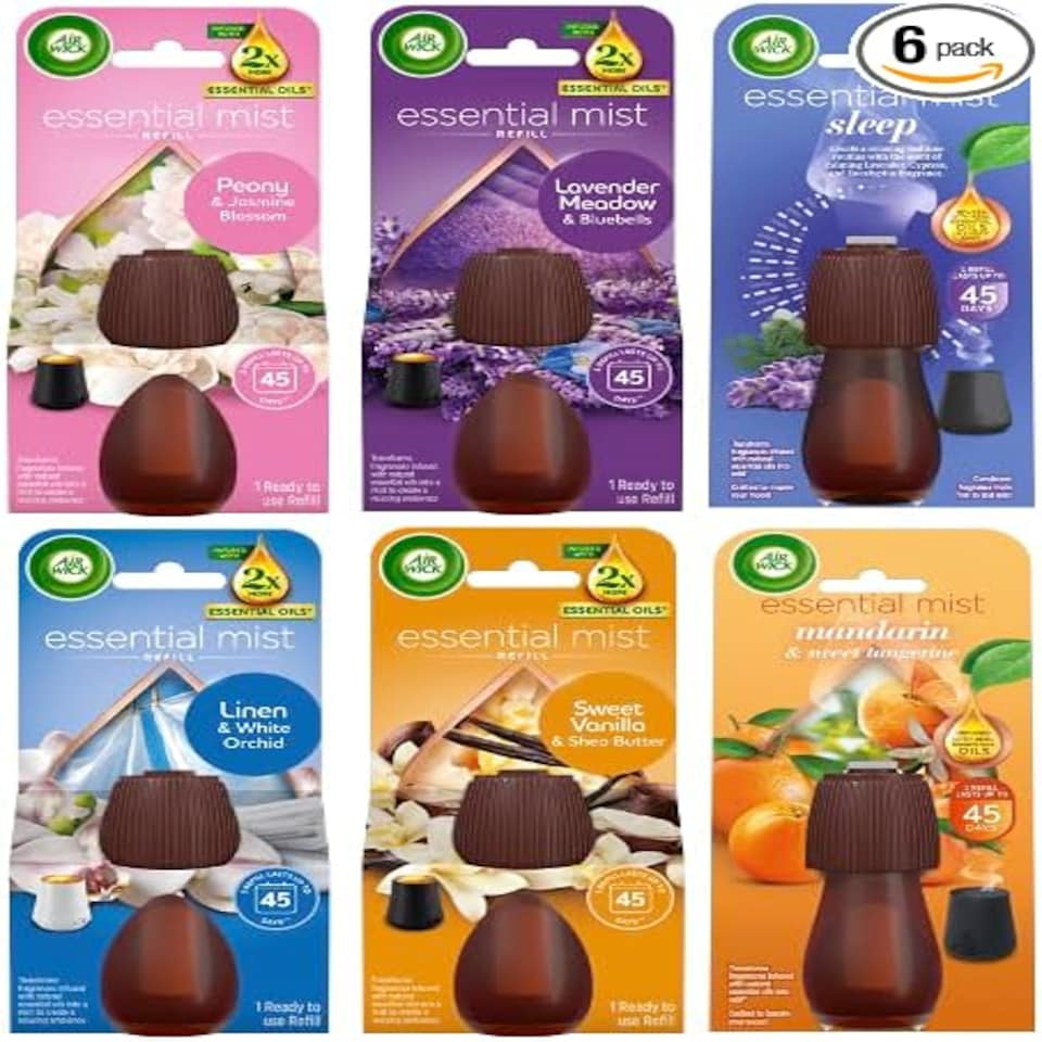 Air Wick Essential Mist Refills, Peony & Jasmine, Lavender, Sleep, Linen & Petals, Sweet Vanilla & Shea Butter, Mandarin & Sweet Orange, 6 x 20ml, (1 of each)